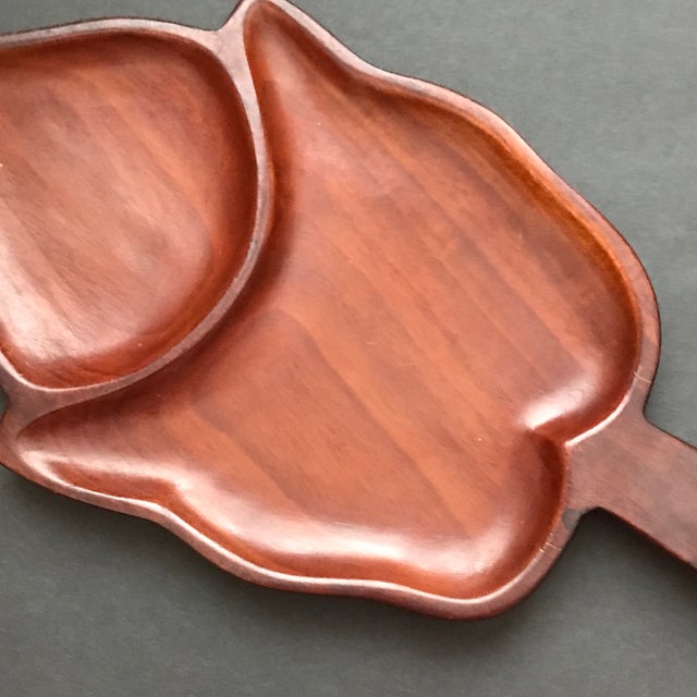 Vintage Mid Century Monkeypod Wood Leaf Shaped Divided Serving Tray