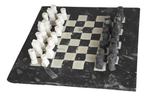 Mid-Century Brutalist Marble Chess Board Set with Black and White Orthoceras Fossil Slab and Stone Pieces, 1950s, Set of 33