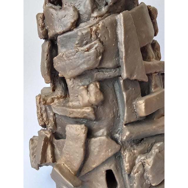 Burnt Umber Architectural Brutalist Ceramic Sculpture Vase 'Babel' by Diane Grant For Sale - Image 8 of 9