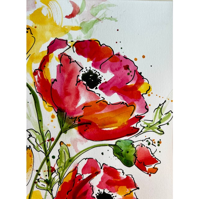 One Giclee professional print custom made for you of my Watercolor painting of red poppies on my flower farm on Larkspur...