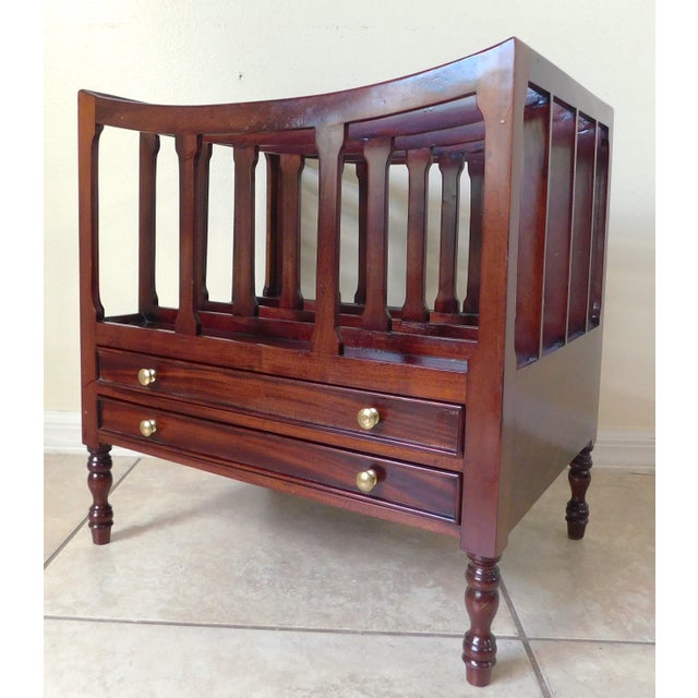 Beautiful vintage mid-century mahogany wood canterbury magazine rack. Circa mid 1900s. Four slots and two small drawers....
