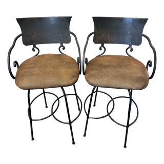 Arhaus Obra 32” Swivel Wrought Iron Bar Stools in Distressed Bronze – Pair For Sale