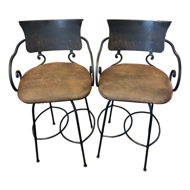 Arhaus Obra 32” Swivel Wrought Iron Bar Stools in Distressed Bronze – Pair For Sale