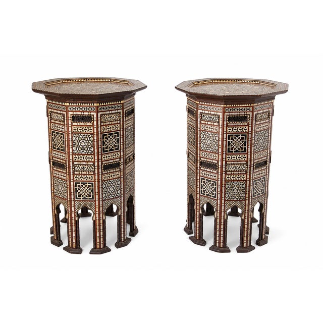 An exceptional and highly unusual pair of antique Ottoman Moorish pedestal tables, handcrafted in Turkey during the late...