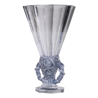 René Lalique 1931 Faune Vase in Clear Crystal With Blue Patina For Sale