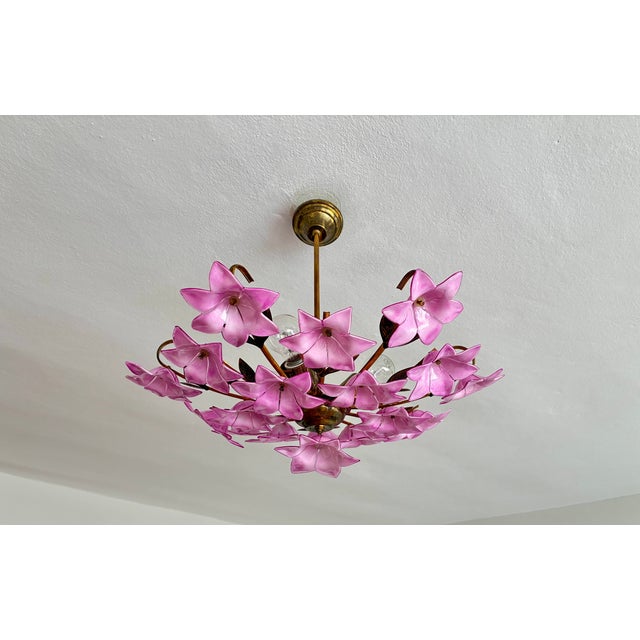 Glass 1980s Italian Style Pink Floral Crystal Flush Mount Chandelier, 3-Light For Sale - Image 7 of 17