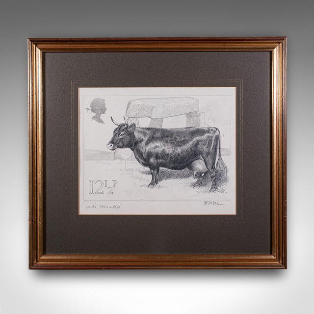 This is a vintage artist's proof sketch of the Irish Dexter cow. An English, framed original illustration for British Post...