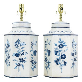 Pair of Vintage Blue and White Hand-Painted Hexagon Tole Tea Caddy Table Lamps For Sale