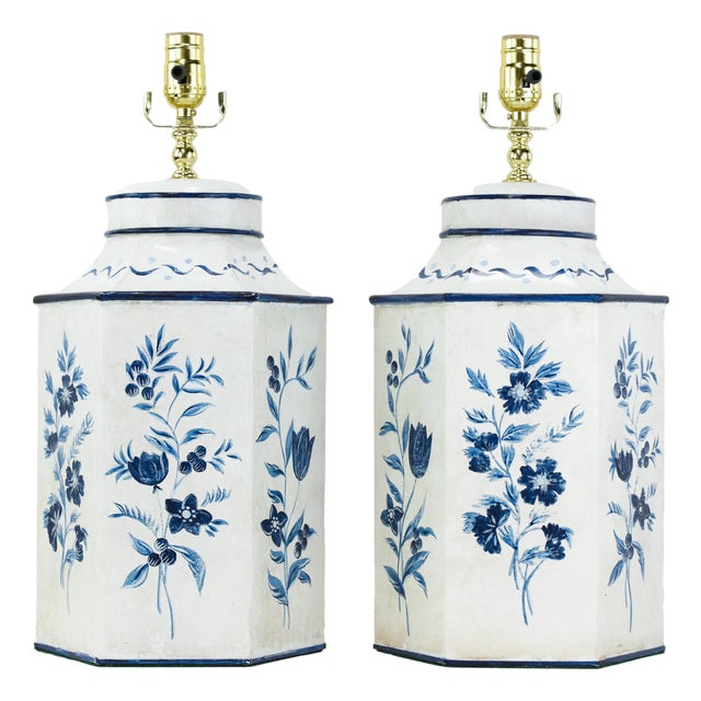 Pair of Vintage Blue and White Hand-Painted Hexagon Tole Tea Caddy Table Lamps For Sale