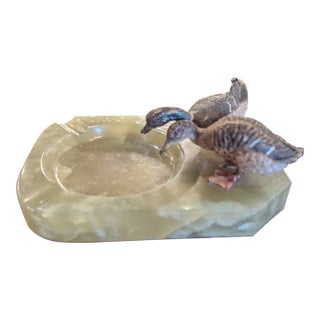 Antique Bronze Cold Painted Duck on Onyx Base Ashtray For Sale