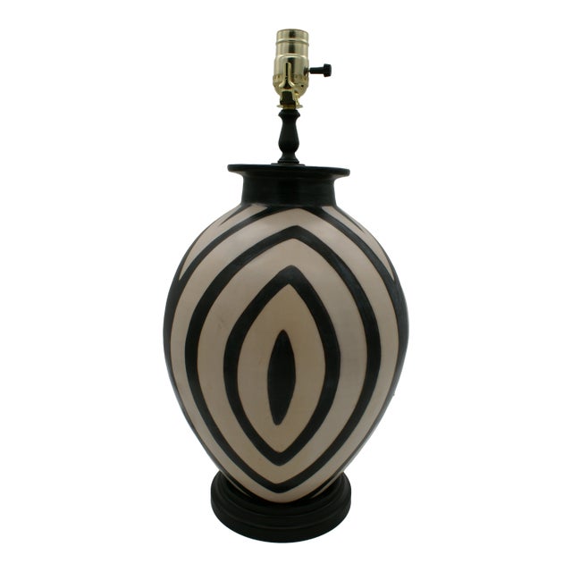 Late 20th Century Black & Ivory Geometric Chulucanas Pottery Center Eye Modern Vase Lamp For Sale