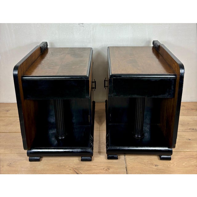 1950s 1950s Pair of Art Deco Nightstands with Columns, Ebonized Wood and Figured Veneer For Sale - Image 5 of 10