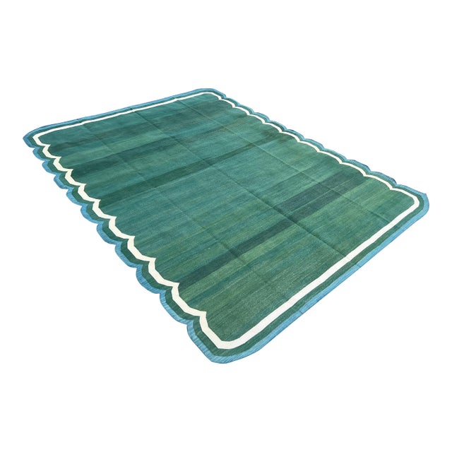 Handmade Cotton Area Vegetable Dyed Rug, Forest Green, Cream and Teal Blue Scalloped Dhurrie - 12'x15' For Sale