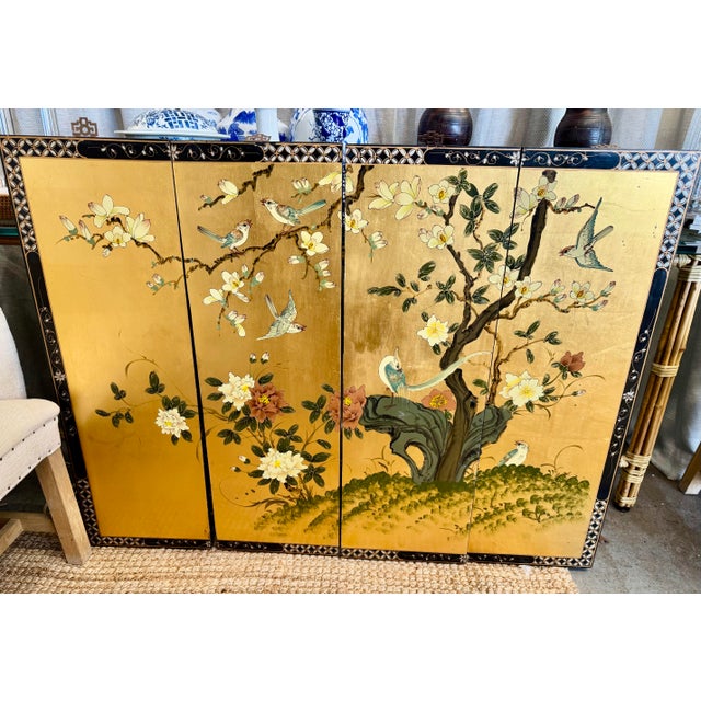 Vintage Chinoiserie exquisite set of four wall decorative panels, meticulously hand-painted, gold leafed backing cherry...