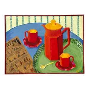 Vintage Boho Mixed Media Coffee Service Still Life on Canvas Painting