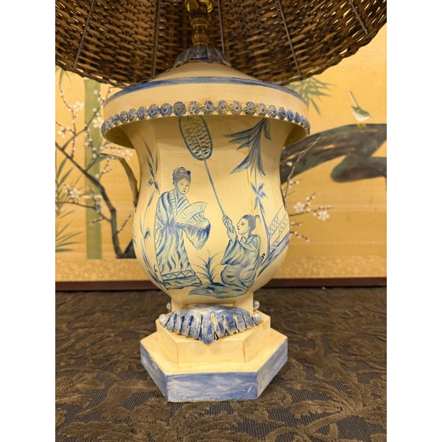 Wood Vintage Chinoiserie Tole Table Lamp With Wicker Shade For Sale - Image 7 of 11