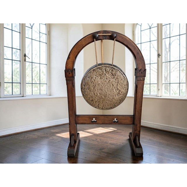 Antique Gothic Revival Oak Freestanding Dinner Gong in Silvered Brass, 1800s For Sale - Image 3 of 13