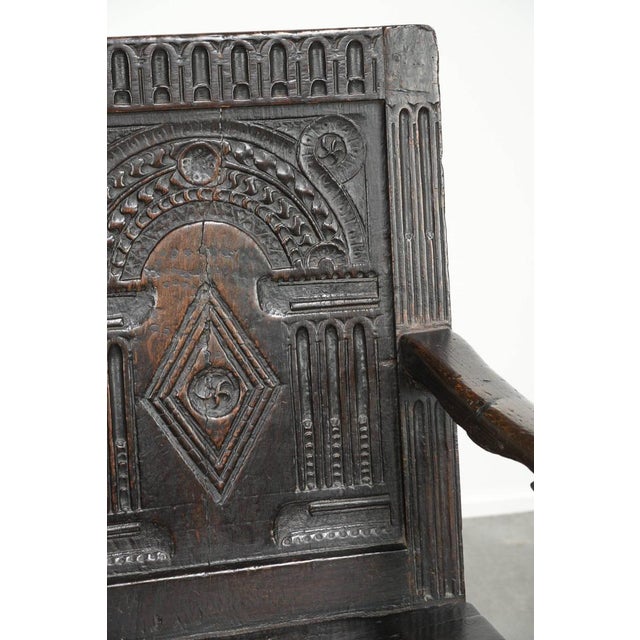 Antique English Oak Wainscot Chair with Wood Carving For Sale - Image 11 of 14