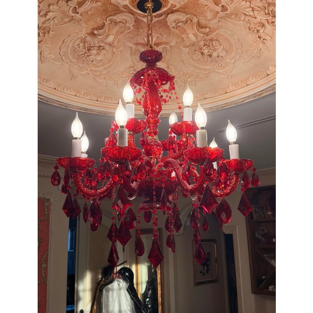 2010s 3p Ruby Red Baroque Rococo Revival European Imprt Glass Chandelier Sconce Set For Sale - Image 5 of 8
