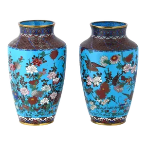 Large Pair of 19th Century Japanese Cloisonne Enamel Vases Birds in Blossoming Flowers