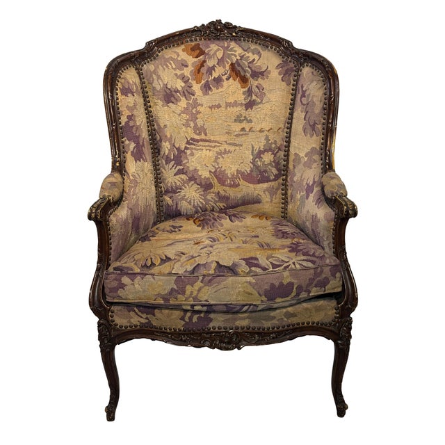 Wood French Bergere Chair With 19th Century Tapestry Upholstery, French 1920's For Sale - Image 7 of 7