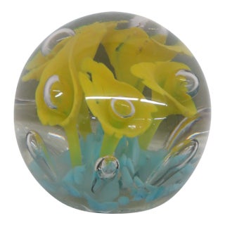 St Clair Hand Blown Art Glass Paperweight Yellow Flower Controlled Bubble 4515b For Sale