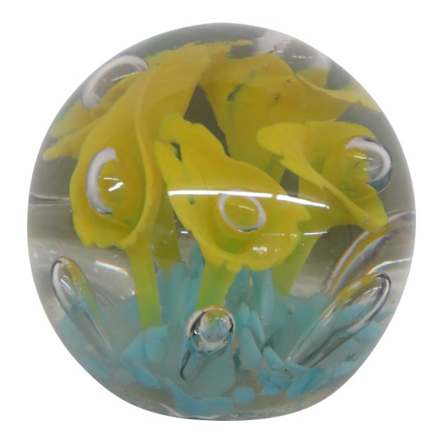 St Clair Hand Blown Art Glass Paperweight Yellow Flower Controlled Bubble 4515b For Sale
