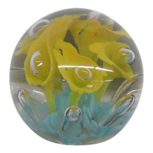 St Clair Hand Blown Art Glass Paperweight Yellow Flower Controlled Bubble 4515b