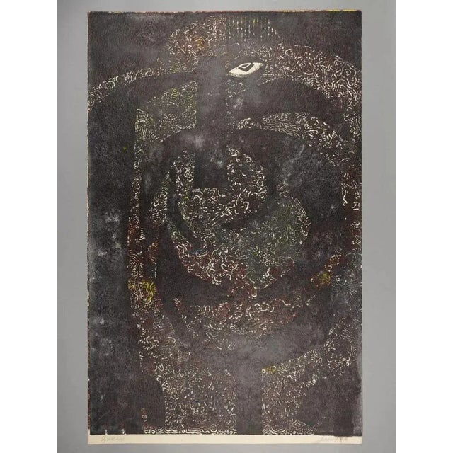 August Lanin. Cyclops. Author′s monotype 1966. Rich texture. Slightly frayed edges of the sheet.