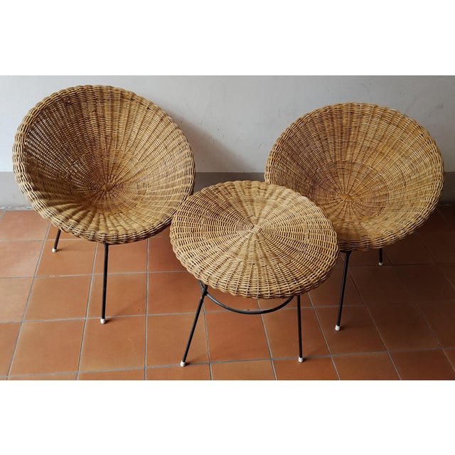 Beige Rattan Armchairs and Coffee Table, Italy, 1950s, Set of 3 For Sale - Image 8 of 8