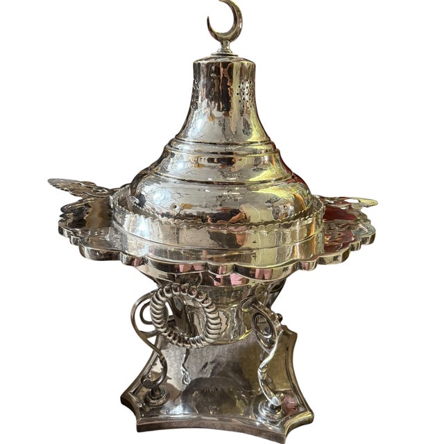 Islamic Huge Antique Silver Brazier W Crescent Moon Finial For Sale - Image 3 of 5