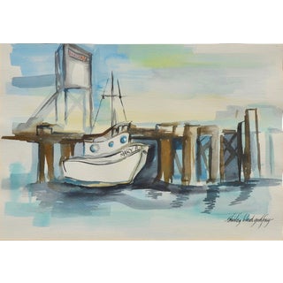 Fishing Boat in Harbor Landscape by Shirley Blood Godfrey For Sale