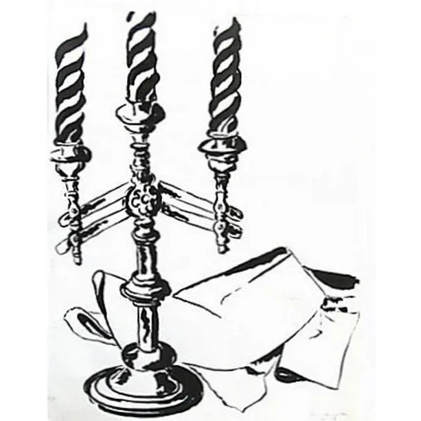 Dynamic black & white ink wash study of a candelabra with tapers and napkins. Vivid brush strokes and strong diagonals in...