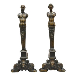 Antique French Renaissance Large Figural Bronze Man & Woman Bust Andirons - Pair For Sale