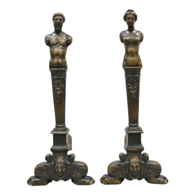 Antique French Renaissance Large Figural Bronze Man & Woman Bust Andirons - Pair For Sale