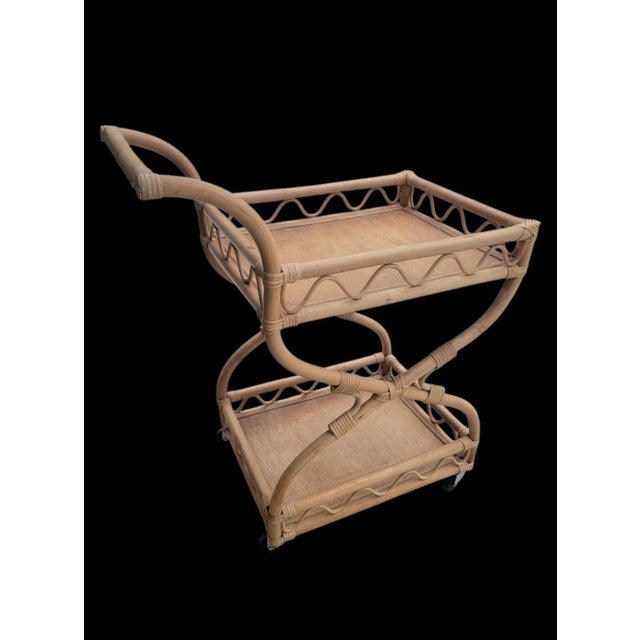 Boho Chic Vintage Rattan Coastal Regency 2 Tier Light Blond Bar Cart For Sale - Image 3 of 7