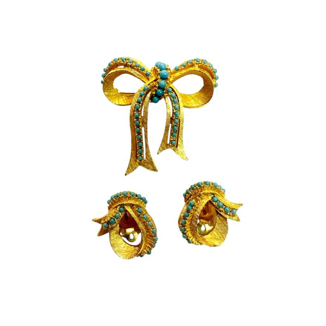 Gold Vintage Jewelry Set by Ballet Jewels Gold Tone Faux Turquoise Brooch Earrings - 3 Pieces For Sale - Image 8 of 8