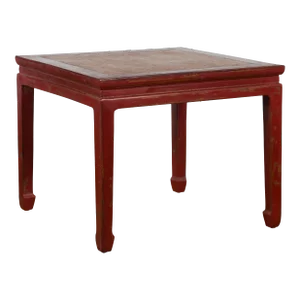 19th Century Chinese Qing Dynasty Red Lacquer & Woven Rattan Top Side Table