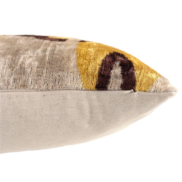 Textile Luxury Mustard, Cream and Chocolate Silk Velvet Ikat Lumbar Pillow 16x24 Inch With Down Insert For Sale - Image 7 of 8