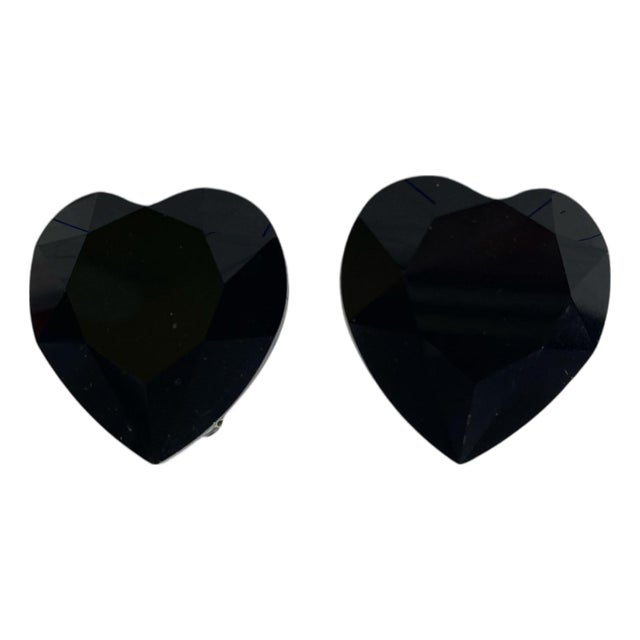Vintage Faux Black Onix Heart Shape Clip- On Earrings For Sale