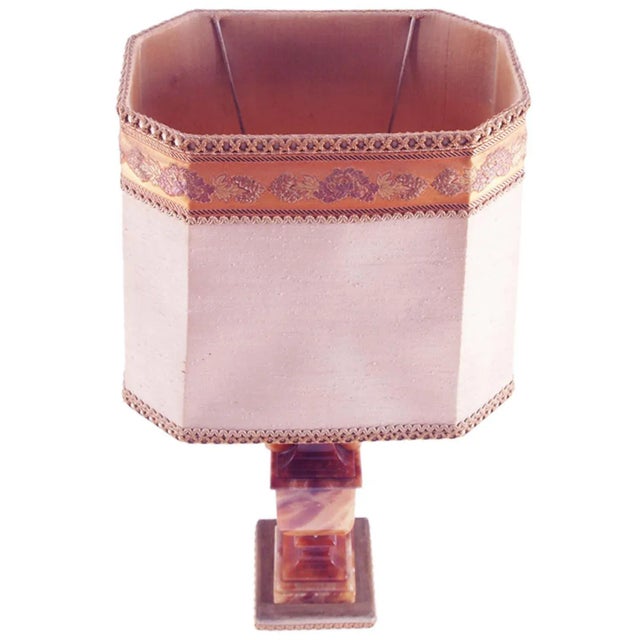 1930s Mid-Century Modern Art Deco Table Lamp in Red Alabaster with Damask Lampshade, 1930s For Sale - Image 5 of 7