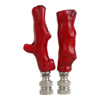 Red Coral Lamp Finials on Chrome Hardware - a Pair For Sale