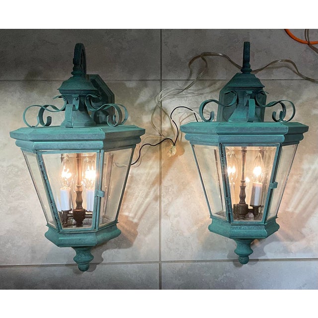 American Exquisite Pair of Large Solid Brass Outdoor Wall Lanterns – Verdigris Patina For Sale - Image 3 of 18