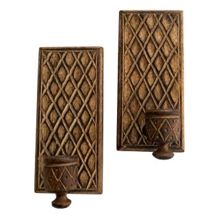 Vintage Brutalist Hand-Carved Oak Wall Sconces with Brass and Wrought Iron, 1970s, Set of 2 For Sale