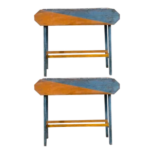 Mid-Century Primitive Organic Folk Art Painted Blue Planters or Window Boxes, 2