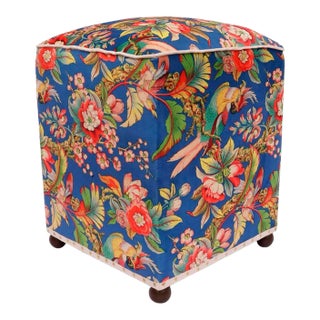 Shabby Chic Edwarain Bird Print Velvet Handmade Ottoman For Sale