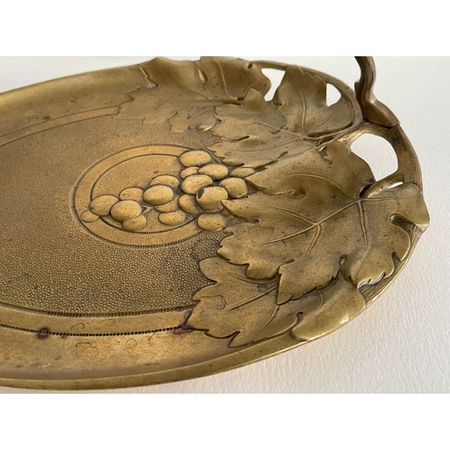 1900 - 1909 Antique Art Nouveau Style Grape Leaf Vine Solid Brass Handled Serving Tray Dish For Sale - Image 5 of 8
