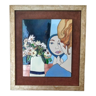 Vintage Girl in Mirror Framed Enamel on Copper Tile Signed Helen Green For Sale