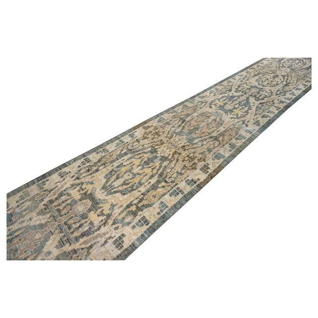 Turkish 21st Century Turkish Sultanabad Master 3x14 Slate Blue, Ivory, & Tan Handmade Runner Rug #1144100 For Sale - Image 3 of 11