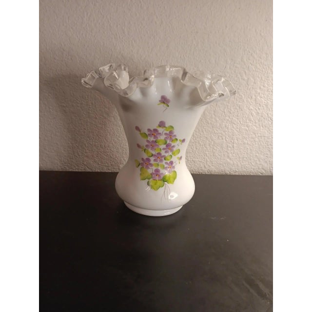 1970s Fenton 1970s Silvercrest Milk Glass Violets Vase For Sale - Image 5 of 5